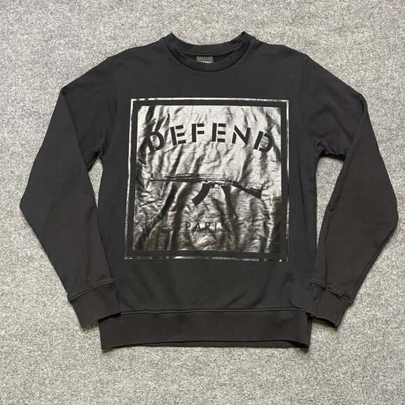 Defend Paris Mens Fleece Sweatshirt Black Crew Neck Long Sleeve Streetwear M - Picture 1 of 10